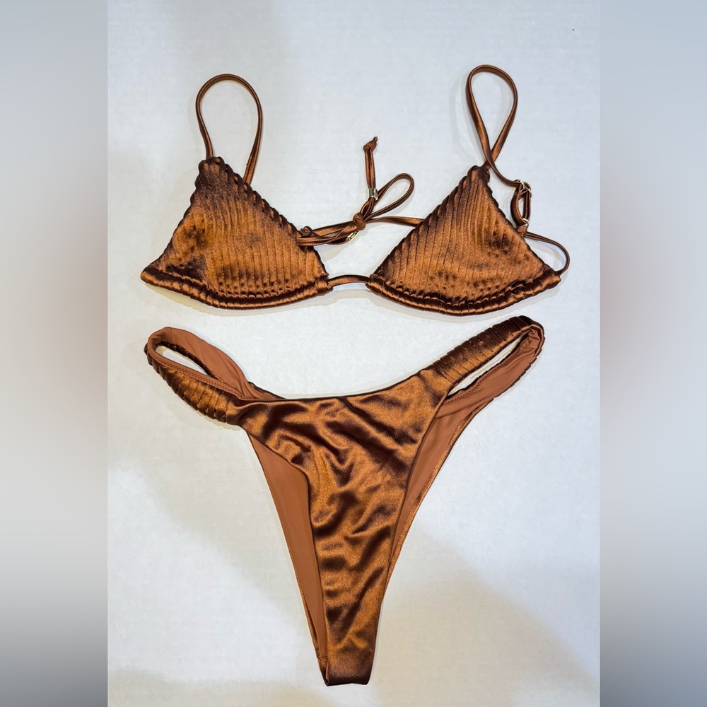 MESHKI Brown Double Strap Triangle Bikini Set Adjustable Spaghetti XS